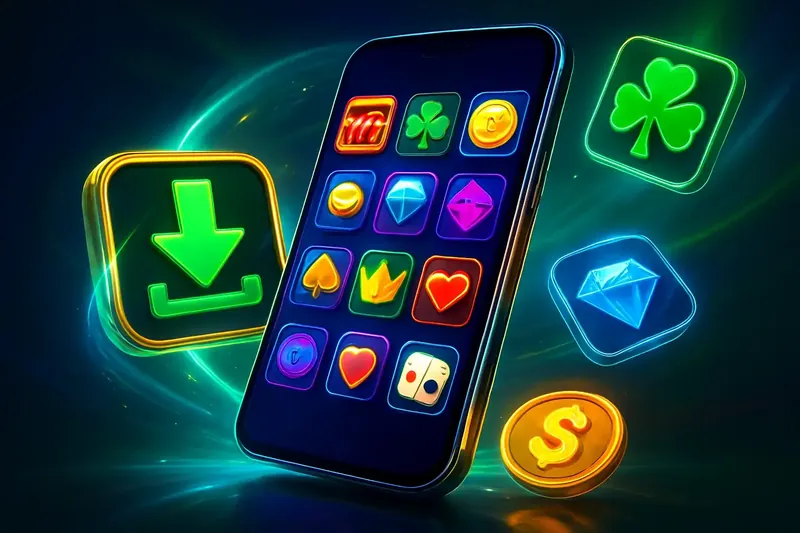 Glossy smartphone casino app banner with neon download effects and floating tiles