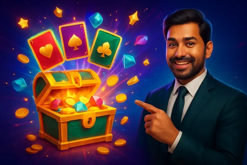 Glowing reward chest with cards, coins, gems, and stars bursting out