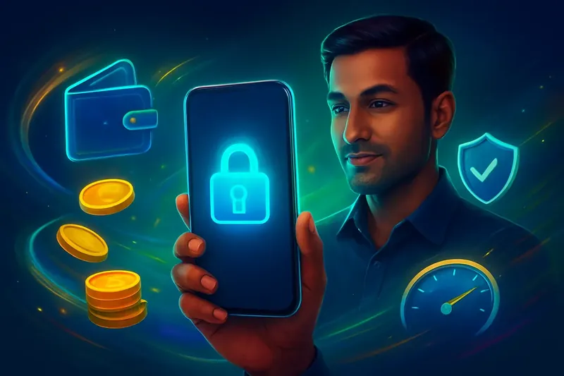 Hand holding smartphone with secure mobile wallet, coins, and speed effects