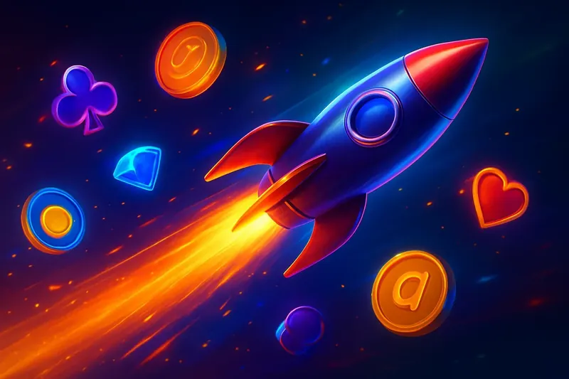Glossy rocket launch casino banner with neon speed trails and game particles
