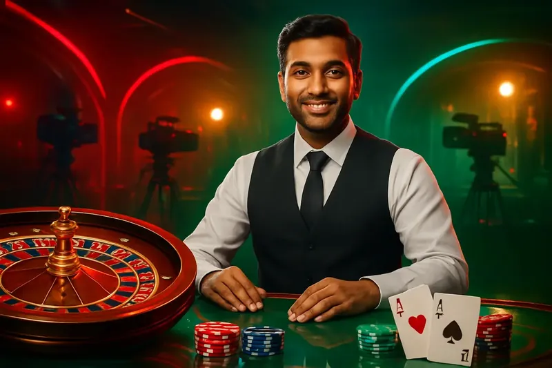 Friendly professional live dealer with roulette cards and chips