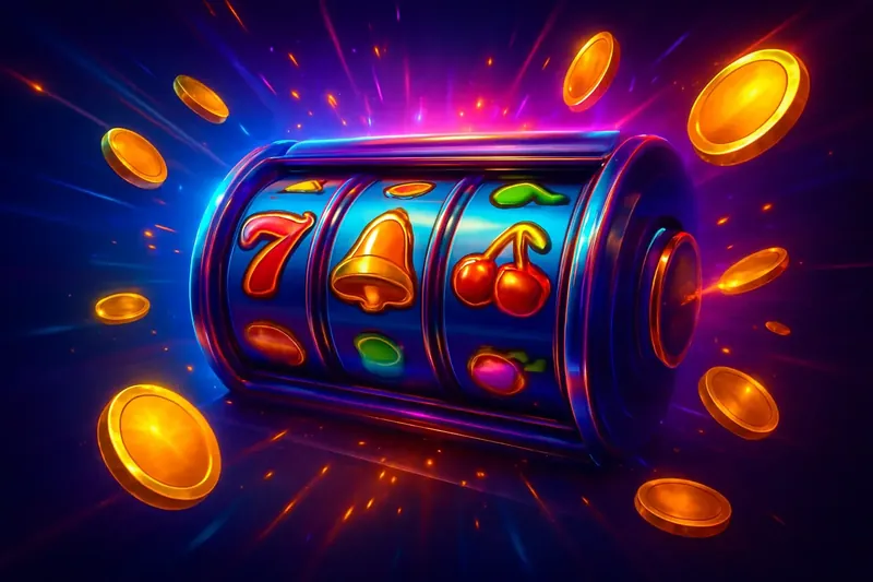 Colorful spinning slot machine reels with coins, glow, and neon sparkles